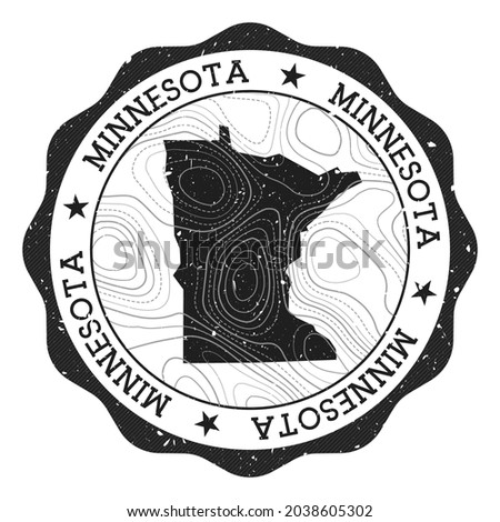 Minnesota outdoor stamp. Round sticker with map of us state with topographic isolines. Vector illustration. Can be used as insignia, logotype, label, sticker or badge of the Minnesota.
