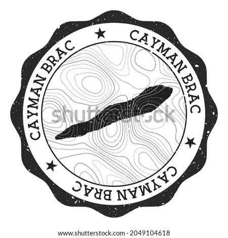 Cayman Brac outdoor stamp. Round sticker with map of island with topographic isolines. Vector illustration. Can be used as insignia, logotype, label, sticker or badge of the Cayman Brac.