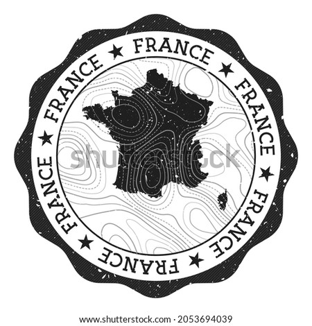 France outdoor stamp. Round sticker with map of country with topographic isolines. Vector illustration. Can be used as insignia, logotype, label, sticker or badge of the France.