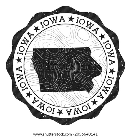 Iowa outdoor stamp. Round sticker with map of us state with topographic isolines. Vector illustration. Can be used as insignia, logotype, label, sticker or badge of the Iowa.