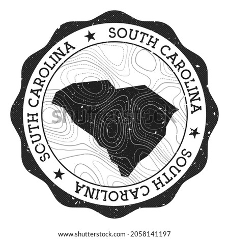 South Carolina outdoor stamp. Round sticker with map of us state with topographic isolines. Vector illustration. Can be used as insignia, logotype, label, sticker or badge of the South Carolina.