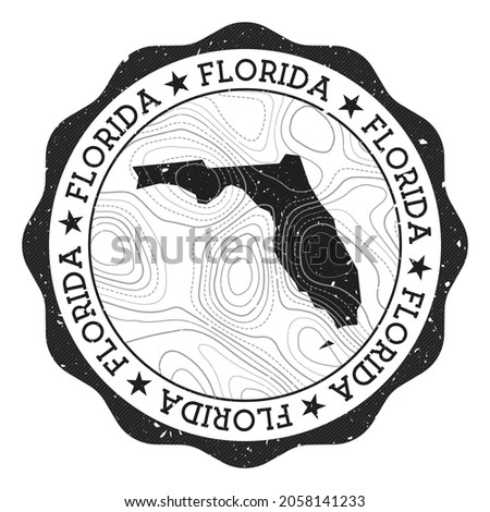 Florida outdoor stamp. Round sticker with map of us state with topographic isolines. Vector illustration. Can be used as insignia, logotype, label, sticker or badge of the Florida.