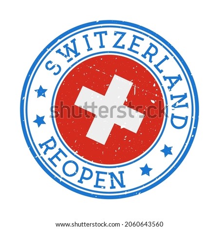 Switzerland Reopening Stamp. Round badge of country with flag of Switzerland. Reopening after lock-down sign. Vector illustration.