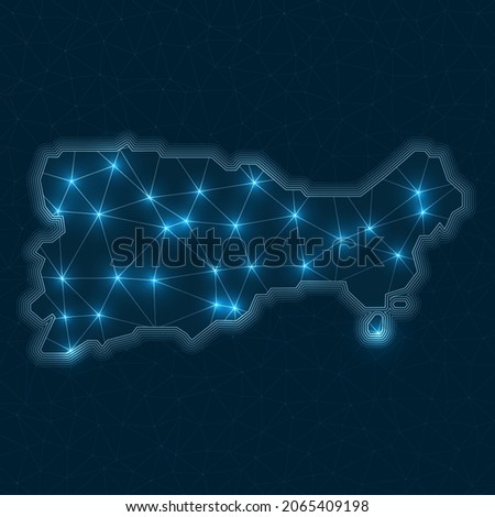 Capri network map. Abstract geometric map of the island. Digital connections and telecommunication design. Glowing internet network. Artistic vector illustration.