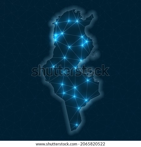 Tunisia network map. Abstract geometric map of the country. Digital connections and telecommunication design. Glowing internet network. Cool vector illustration.