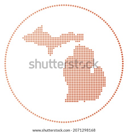 Michigan digital badge. Dotted style map of Michigan in circle. Tech icon of the us state with gradiented dots. Appealing vector illustration.