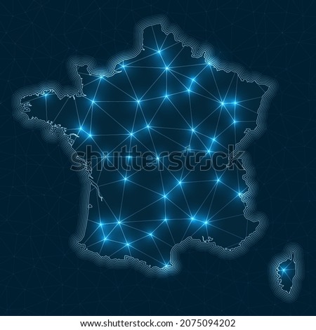 France network map. Abstract geometric map of the country. Digital connections and telecommunication design. Glowing internet network. Powerful vector illustration.