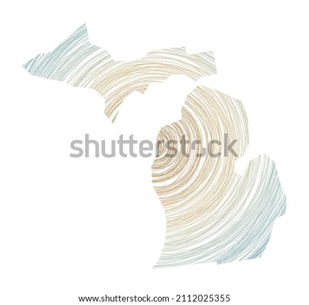 Michigan map filled with concentric circles. Sketch style circles in shape of the us state. Vector Illustration.