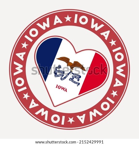 Iowa heart flag badge. From Iowa with love logo. Support the us state flag stamp. Vector illustration.