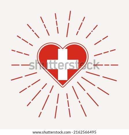 Switzerland heart with flag of the country. Sunburst around Switzerland heart sign. Vector illustration.