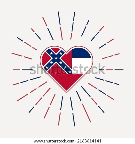 Mississippi heart with flag of the us state. Sunburst around Mississippi heart sign. Vector illustration.