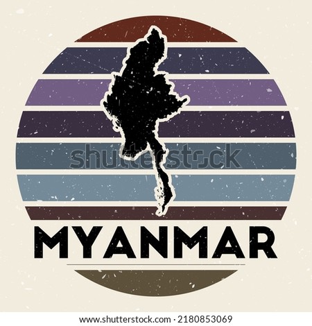 Myanmar logo. Sign with the map of country and colored stripes, vector illustration. Can be used as insignia, logotype, label, sticker or badge of the Myanmar.