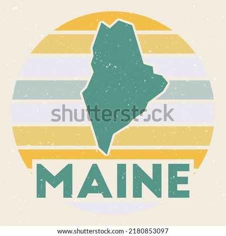 Maine logo. Sign with the map of US state and colored stripes, vector illustration. Can be used as insignia, logotype, label, sticker or badge of Maine.