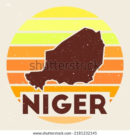 Niger logo. Sign with the map of country and colored stripes, vector illustration. Can be used as insignia, logotype, label, sticker or badge of the Niger.