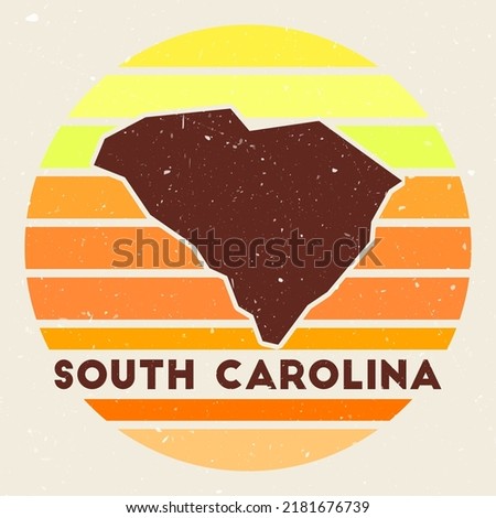 South Carolina logo. Sign with the map of us state and colored stripes, vector illustration. Can be used as insignia, logotype, label, sticker or badge of the South Carolina.