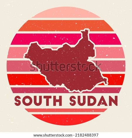 South Sudan logo. Sign with the map of country and colored stripes, vector illustration. Can be used as insignia, logotype, label, sticker or badge of the South Sudan.