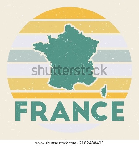 France logo. Sign with the map of country and colored stripes, vector illustration. Can be used as insignia, logotype, label, sticker or badge of the France.