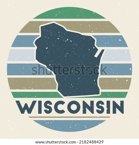 Wisconsin logo. Sign with the map of us state and colored stripes, vector illustration. Can be used as insignia, logotype, label, sticker or badge of the Wisconsin.