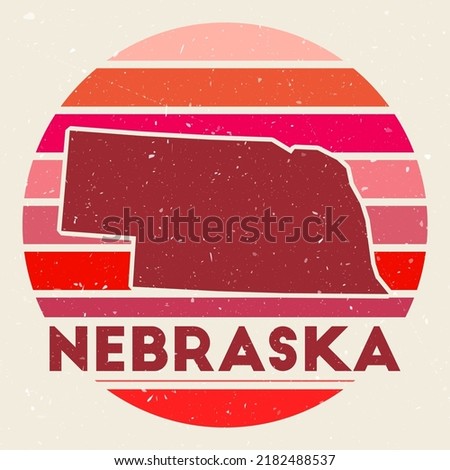 Nebraska logo. Sign with the map of us state and colored stripes, vector illustration. Can be used as insignia, logotype, label, sticker or badge of the Nebraska.