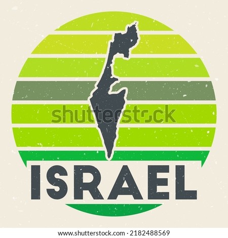 Israel logo. Sign with the map of country and colored stripes, vector illustration. Can be used as insignia, logotype, label, sticker or badge of the Israel.