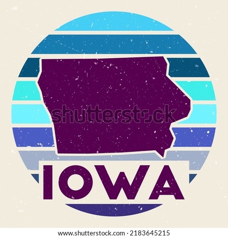 Iowa logo. Sign with the map of us state and colored stripes, vector illustration. Can be used as insignia, logotype, label, sticker or badge of the Iowa.