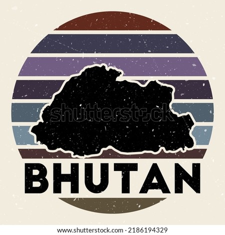 Bhutan logo. Sign with the map of country and colored stripes, vector illustration. Can be used as insignia, logotype, label, sticker or badge of the Bhutan.