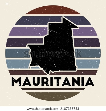 Mauritania logo. Sign with the map of country and colored stripes, vector illustration. Can be used as insignia, logotype, label, sticker or badge of the Mauritania.