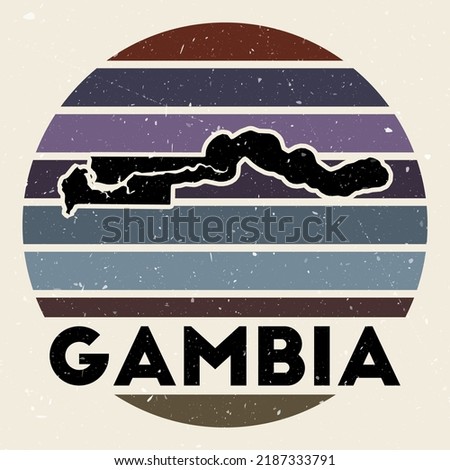 Gambia logo. Sign with the map of country and colored stripes, vector illustration. Can be used as insignia, logotype, label, sticker or badge of the Gambia.