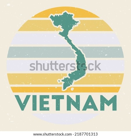 Vietnam logo. Sign with the map of country and colored stripes, vector illustration. Can be used as insignia, logotype, label, sticker or badge of the Vietnam.