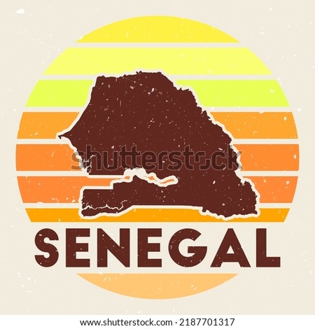 Senegal logo. Sign with the map of country and colored stripes, vector illustration. Can be used as insignia, logotype, label, sticker or badge of the Senegal.