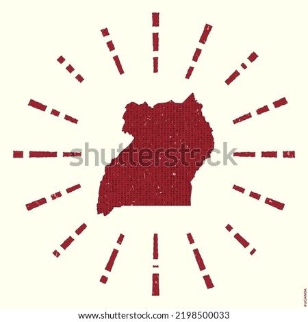 Uganda Logo. Grunge sunburst poster with map of the country. Shape of Uganda filled with hex digits with sunburst rays around. Neat vector illustration.