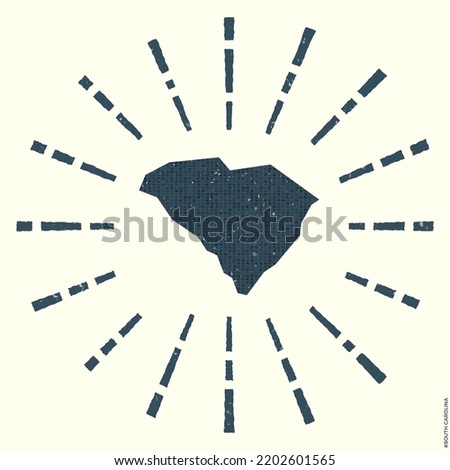 South Carolina Logo. Grunge sunburst poster with map of the us state. Shape of South Carolina filled with hex digits with sunburst rays around. Superb vector illustration.