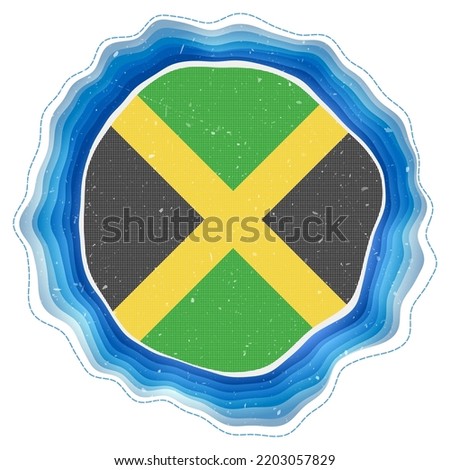 Jamaica flag in frame. Badge of the country. Layered circular sign around Jamaica flag. Creative vector illustration.