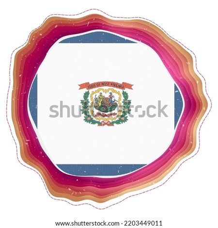 West Virginia flag in frame. Badge of the us state. Layered circular sign around West Virginia flag. Superb vector illustration.