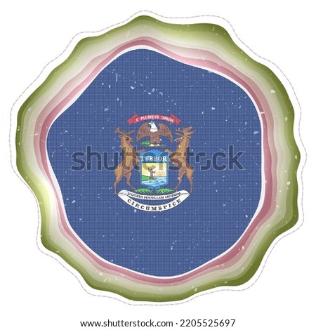Michigan flag in frame. Badge of the us state. Layered circular sign around Michigan flag. Modern vector illustration.