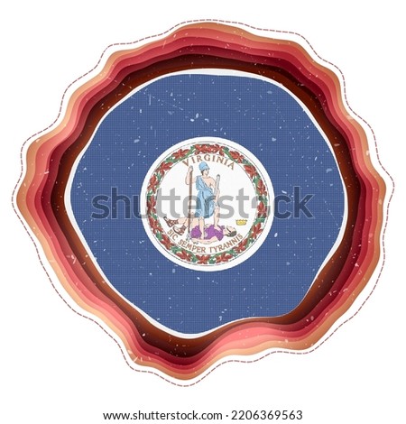 Virginia flag in frame. Badge of the us state. Layered circular sign around Virginia flag. Neat vector illustration.