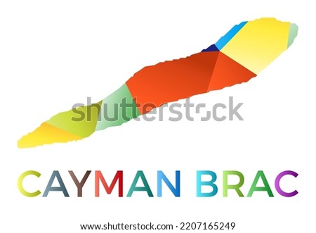 Bright colored Cayman Brac shape. Multicolor geometric style island logo. Modern trendy design. Astonishing vector illustration.