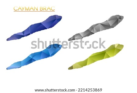 Set of vector polygonal maps of Cayman Brac. Bright gradient map of island in low poly style. Multicolored Cayman Brac map in geometric style for your infographics. Astonishing vector illustration.