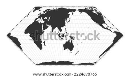 Vector world map. Eckert II projection. Plain world geographical map with latitude and longitude lines. Centered to 120deg W longitude. Vector illustration.