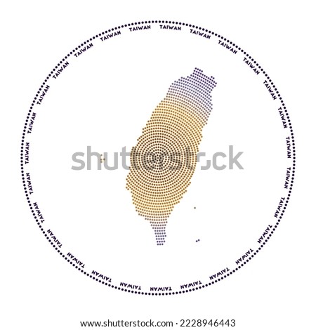 Taiwan round logo. Digital style shape of Taiwan in dotted circle with country name. Tech icon of the country with gradiented dots. Cool vector illustration.