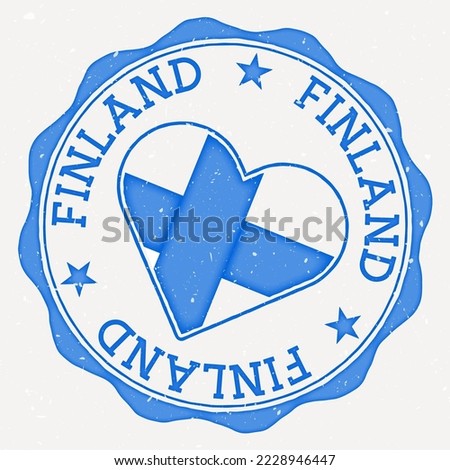 Finland heart flag logo. Country name text around Finland flag in the shape of a heart. Amazing vector illustration.