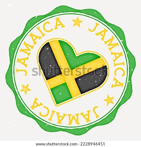 Jamaica heart flag logo. Country name text around Jamaica flag in the shape of a heart. Astonishing vector illustration.