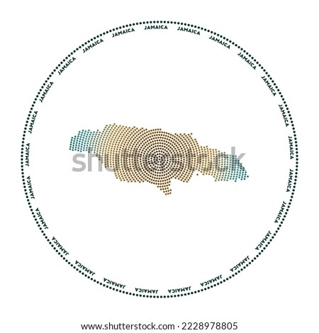 Jamaica round logo. Digital style shape of Jamaica in dotted circle with country name. Tech icon of the country with gradiented dots. Radiant vector illustration.