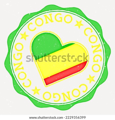Congo heart flag logo. Country name text around Congo flag in a shape of heart. Beautiful vector illustration.