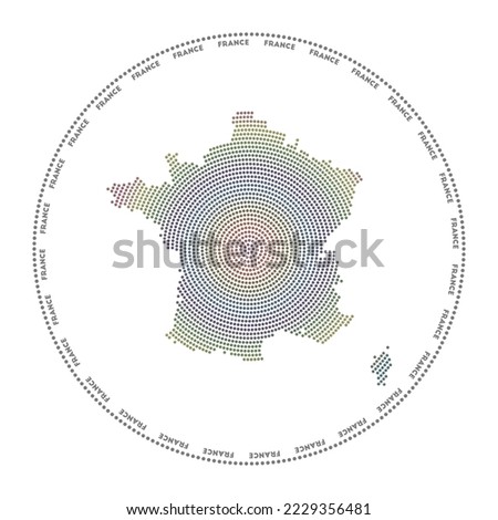 France round logo. Digital style shape of France in dotted circle with country name. Tech icon of the country with gradiented dots. Modern vector illustration.