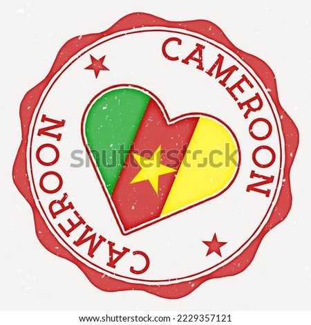 Cameroon heart flag logo. Country name text around Cameroon flag in a shape of heart. Authentic vector illustration.