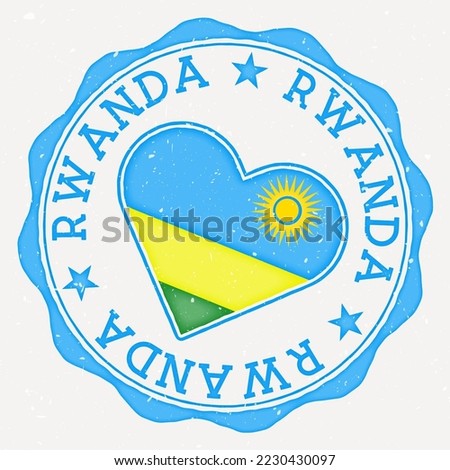 Rwanda heart flag logo. Country name text around Rwanda flag in a shape of heart. Modern vector illustration.