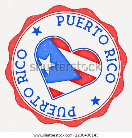 Puerto Rico heart flag logo. Country name text around Puerto Rico flag in a shape of heart. Charming vector illustration.