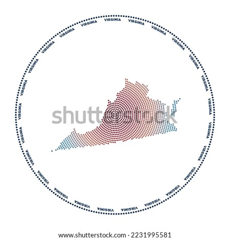 Virginia round logo. Digital style shape of Virginia in dotted circle with us state name. Tech icon of the us state with gradiented dots. Vibrant vector illustration.