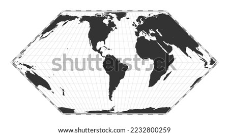 Vector world map. Eckert II projection. Plain world geographical map with latitude and longitude lines. Centered to 60deg E longitude. Vector illustration.